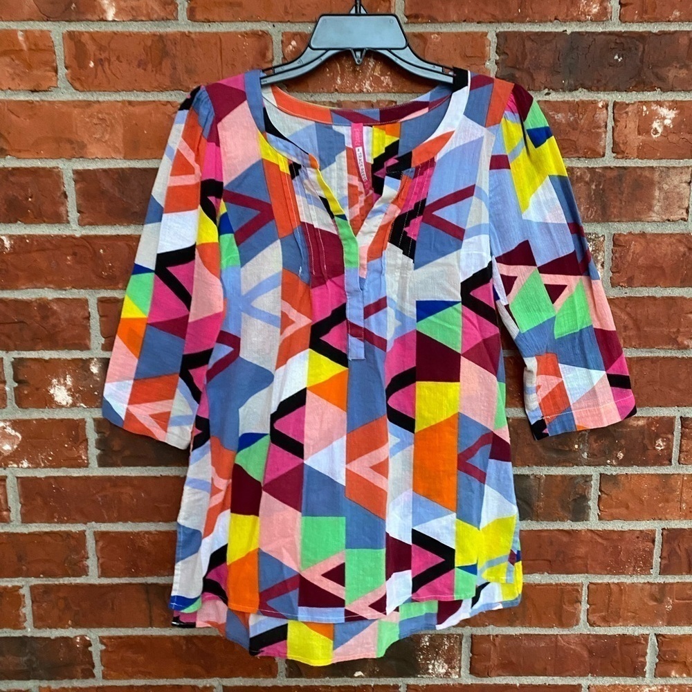 Plenty By Tracy Reese Womens XS Multicolor Geometric Pullover Pintuck Top